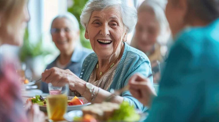 A small group of seniors participating in a seated exercise class with a facilitator in a bright, welcoming room.