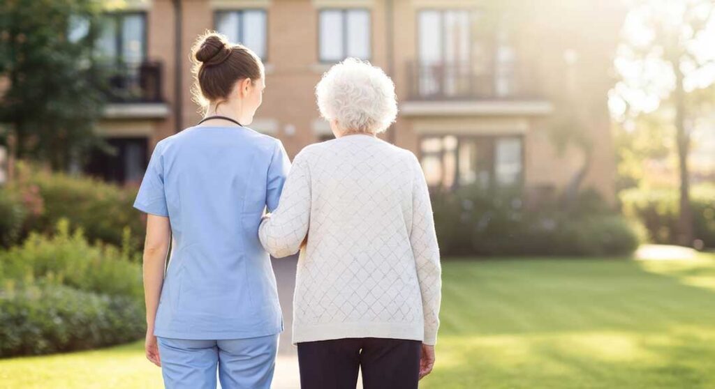 Older adult and family caregiver reviewing a short-term assisted living care plan at a table.